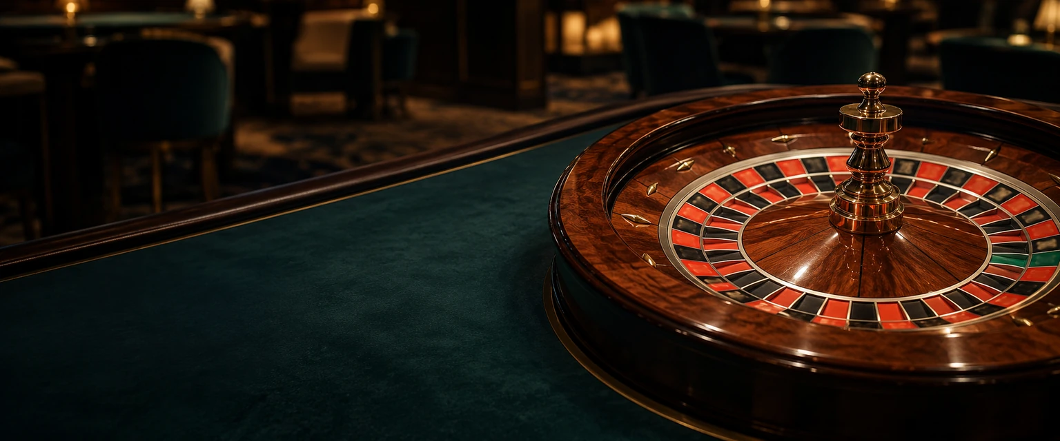 Une roulette en bois sur une table de jeu au tapis vert